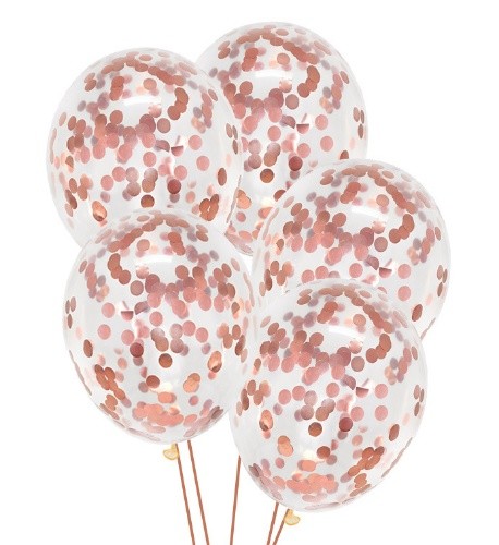 Průhledné balonky se RoseGold konfetami, 30 cm - 5 ks