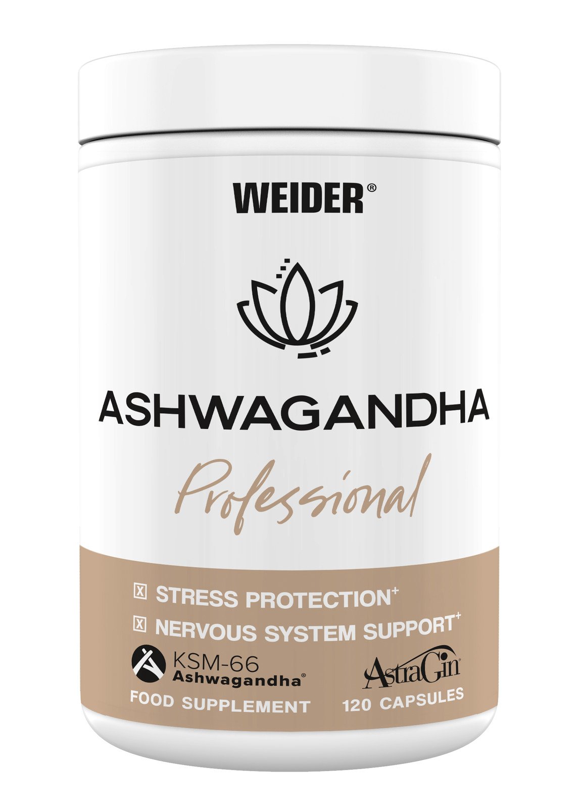 Weider Ashwagandha Profesional 120 cps, extrakt z kořene ašvagandy KSM-66®, AstraGin®, hořčík a vitamín C