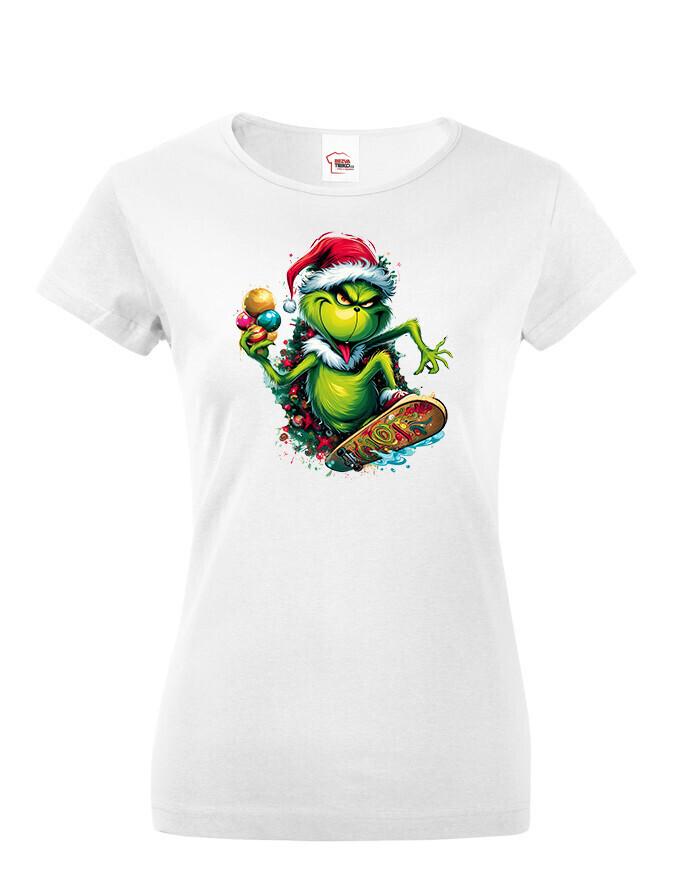 Dámské triko Grinch na skateboardu - skvělé vánoční triko