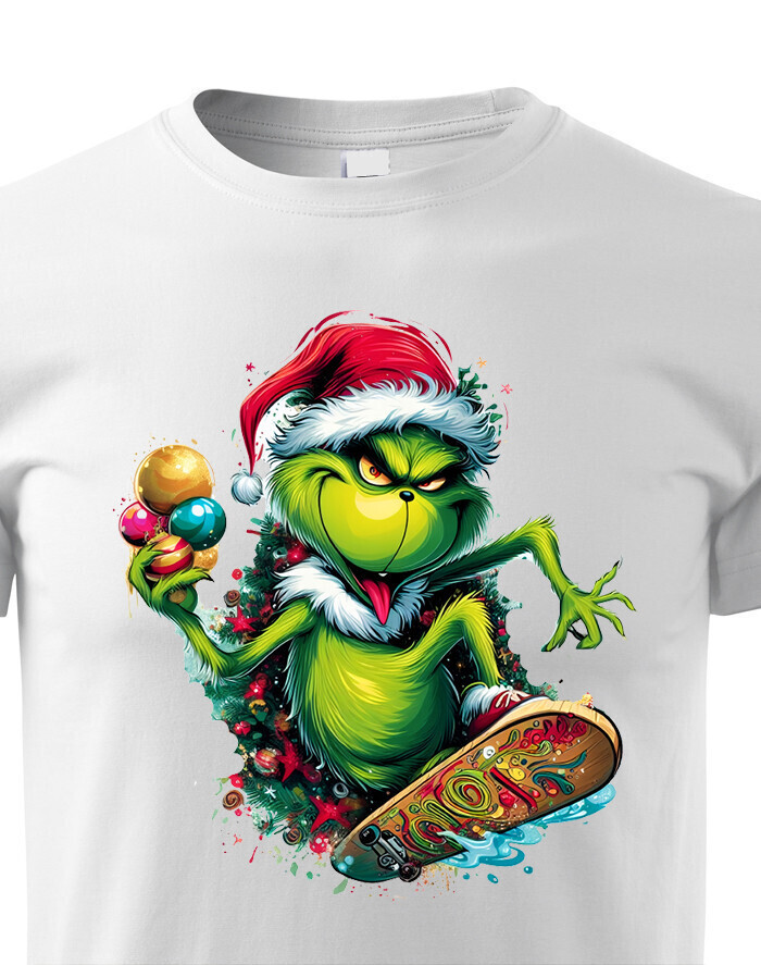 Dětské triko Grinch na skateboardu - skvělé vánoční triko