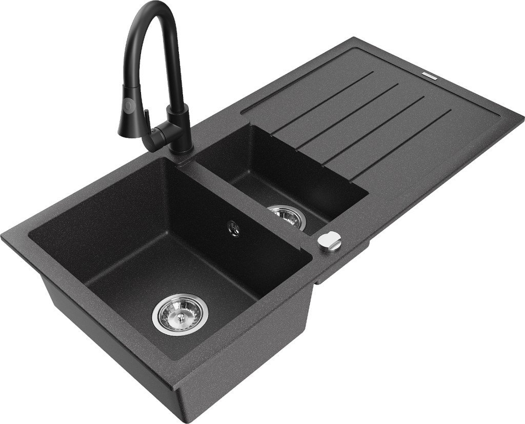 MEXEN/S Andres granitový dřez s odkapávačem včetně baterie Elia, černá nakrapiany 6515-76-670101-70