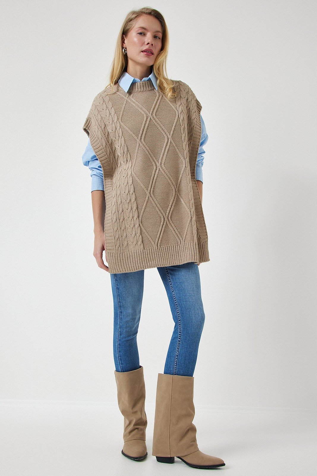 Happiness İstanbul Beige Tie Detailed Oversize Knitwear Sweater