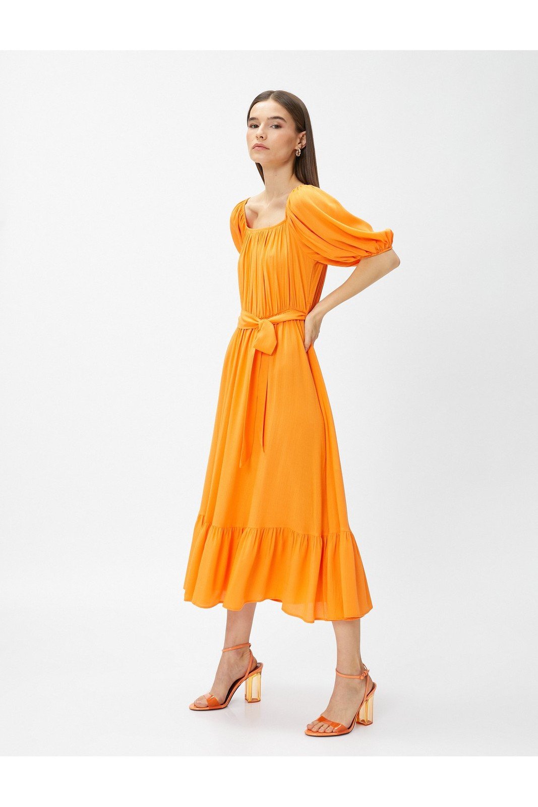 Koton Layered Midi Length Dress With Open Shoulder Belt