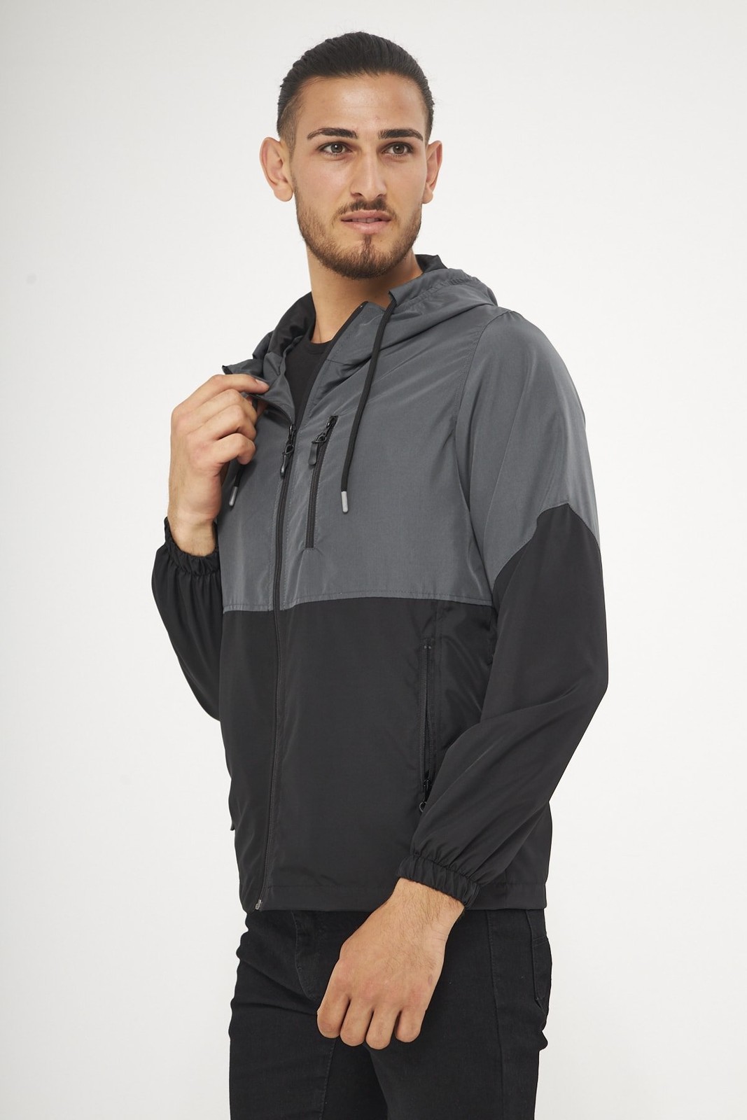 River Club Men's Anthracite- Black Two Color Inner Lined Waterproof Hooded Raincoat with Pocket