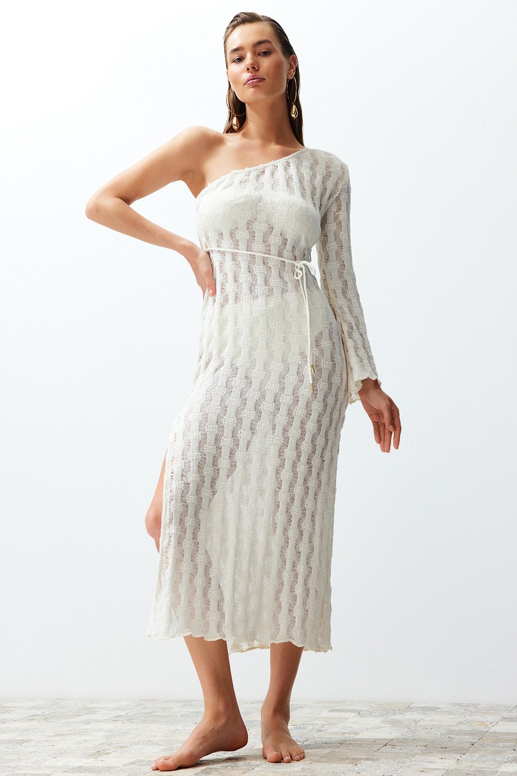 Trendyol Beige Belted Maxi Knitted Knitwear look One Shoulder Beach Dress