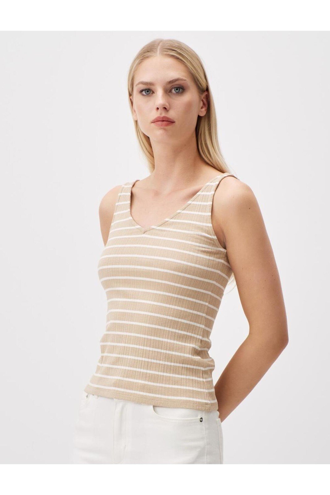 Jimmy Key Beige V-Neck Sleeveless Striped Undershirt