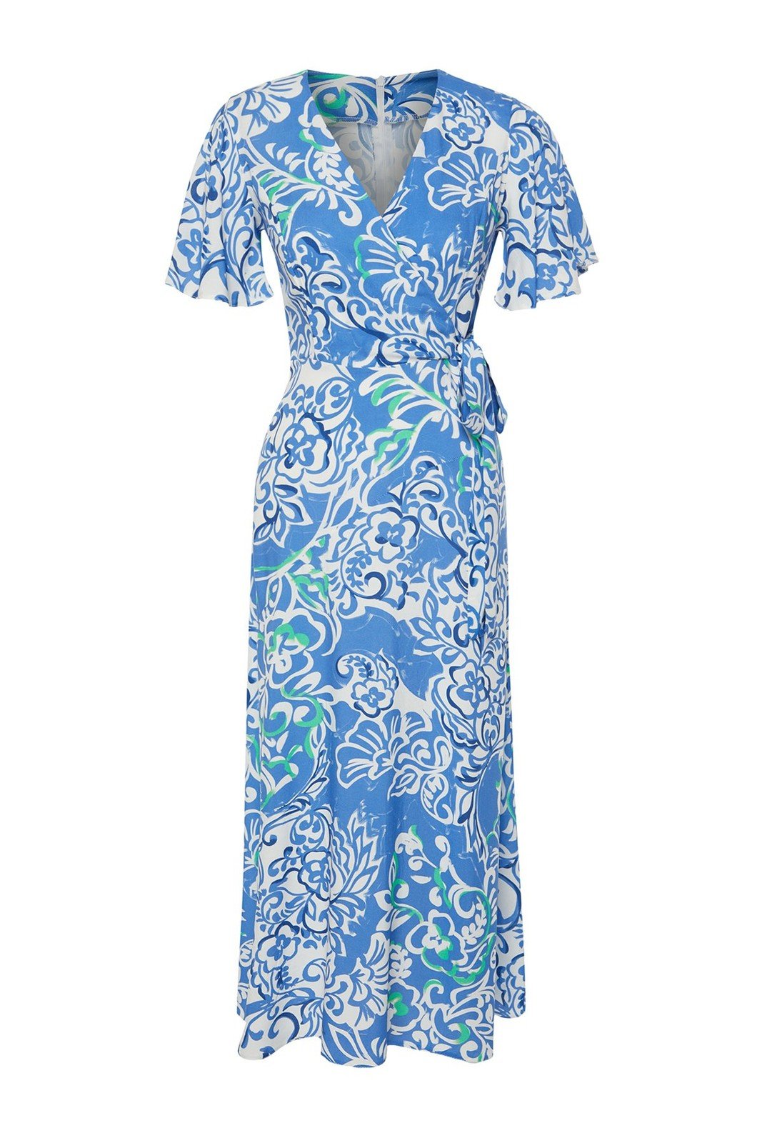 Trendyol Blue Floral Double Breasted Viscose Midi Woven Dress