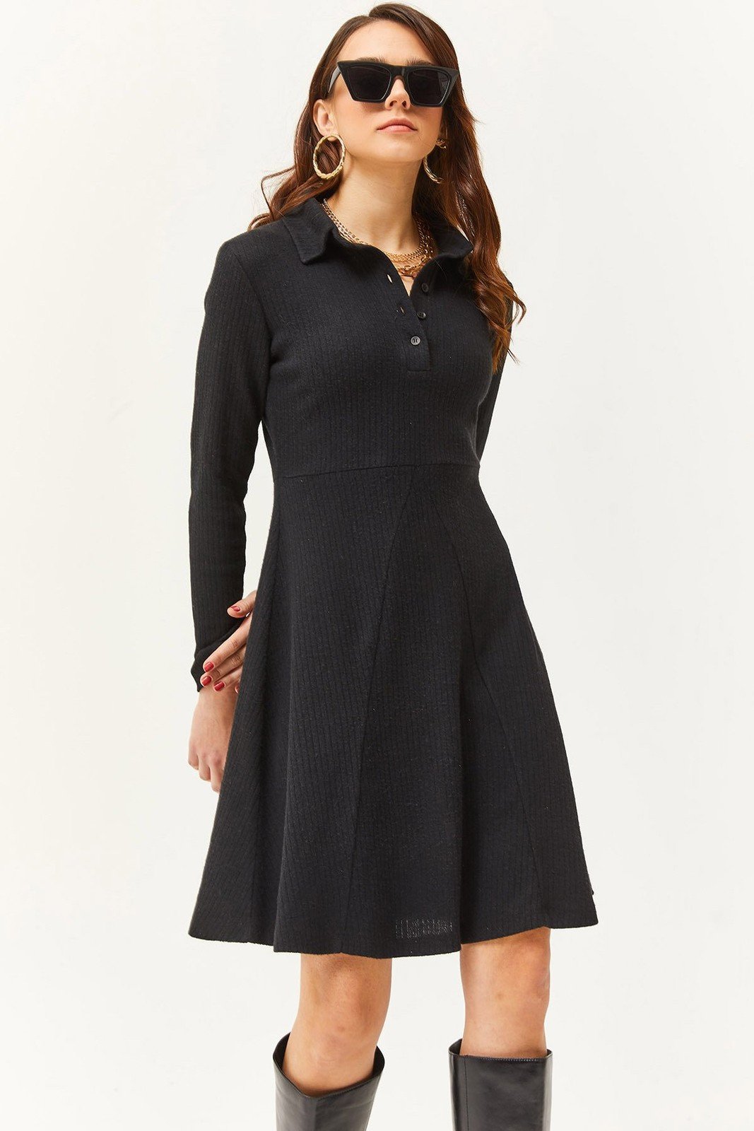 Olalook Women's Black Polo Collar Buttoned Mini Flared Dress