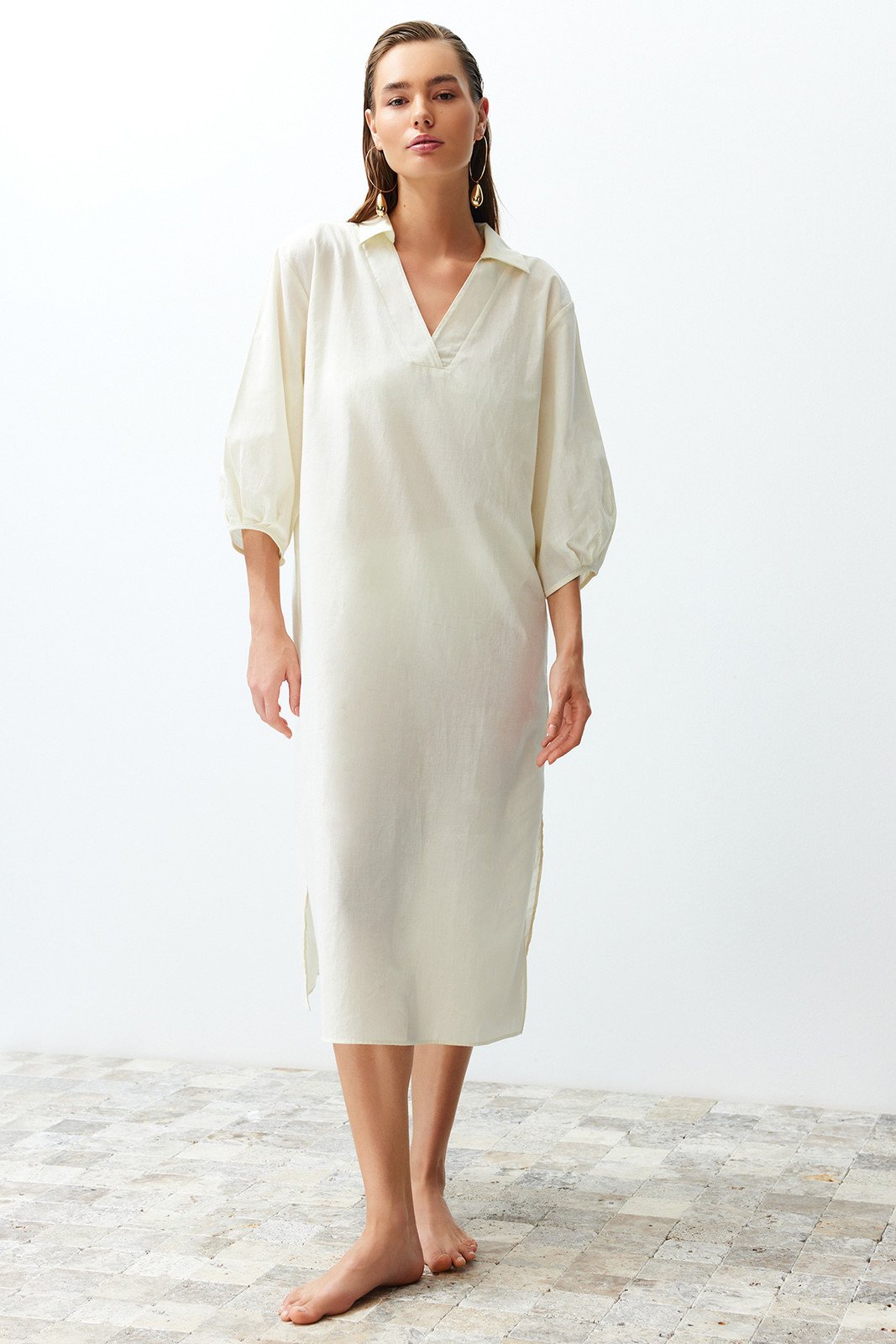 Trendyol Ecru Wide Fit Midi Woven Balloon Sleeve 100% Cotton Beach Dress