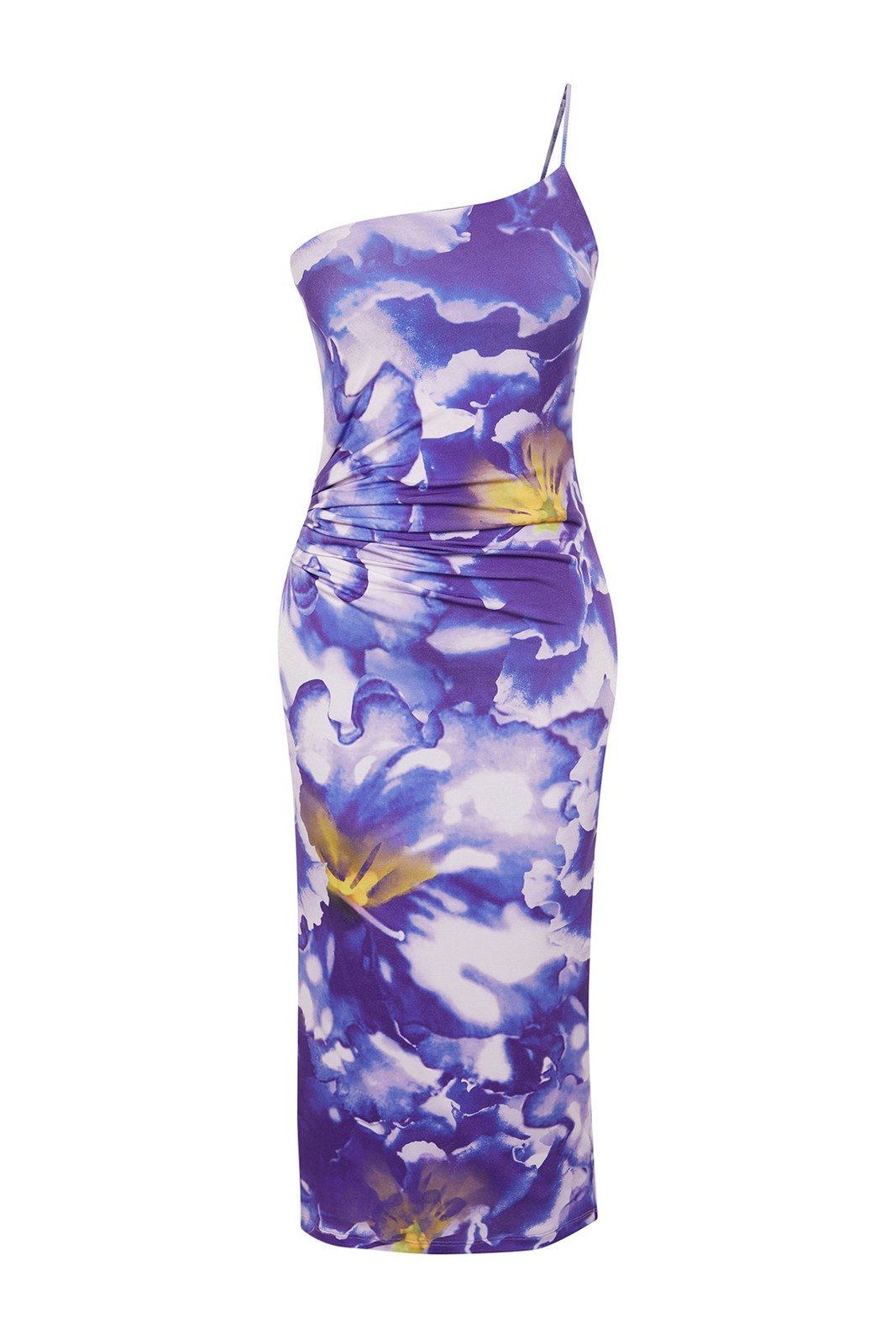 Trendyol Limited Edition Purple Printed Fitted Midi One-Shoulder Elastic Knit Dress