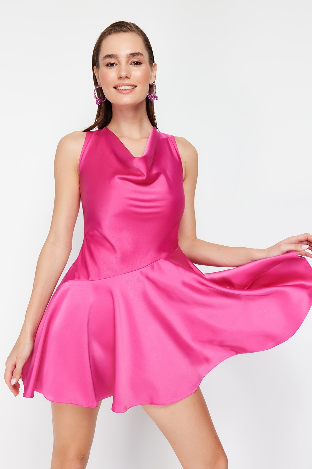 Trendyol Pink Degaje Collar Satin Elegant Evening Dress