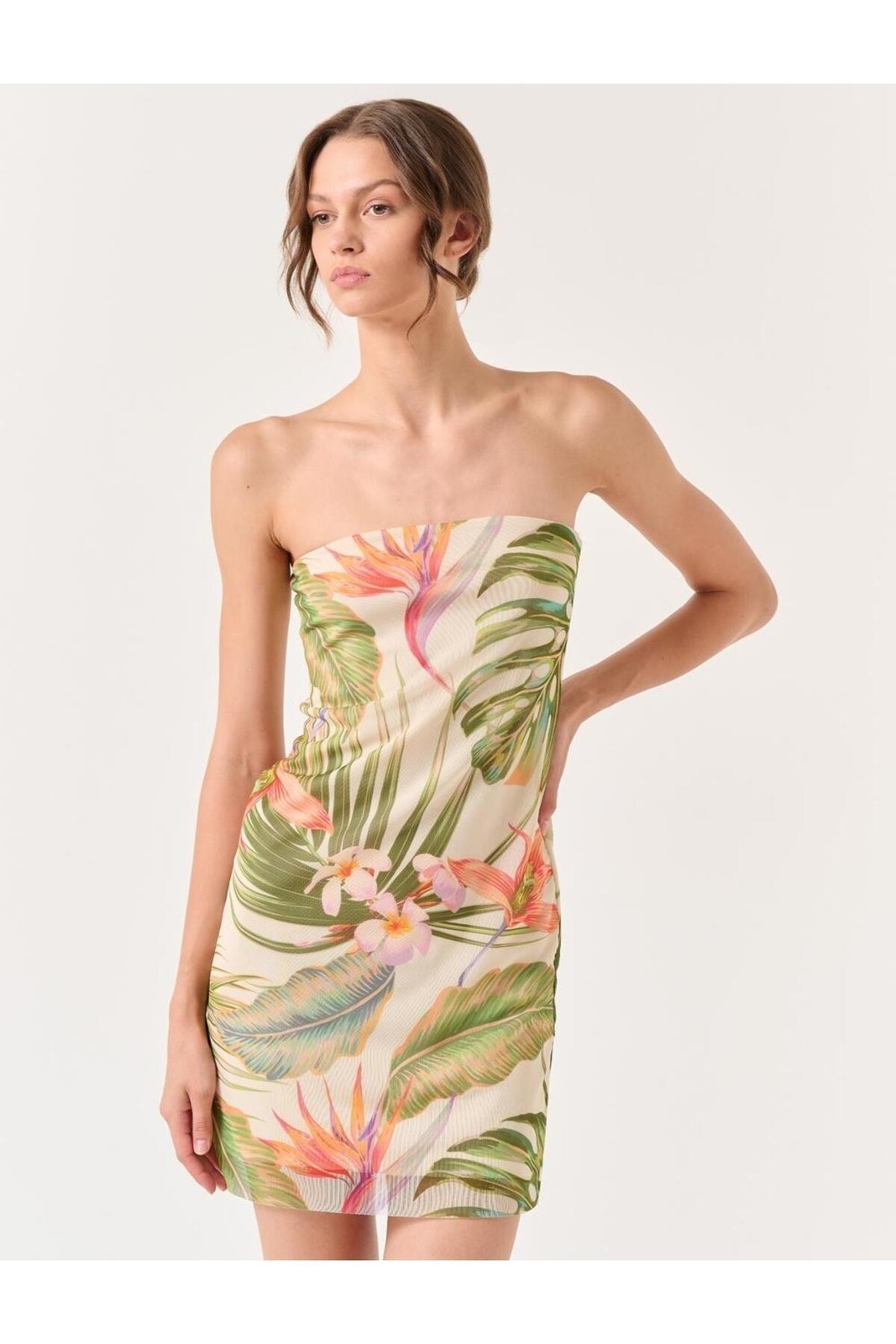 Jimmy Key Sage Green Strapless Tropical Patterned Mini Dress