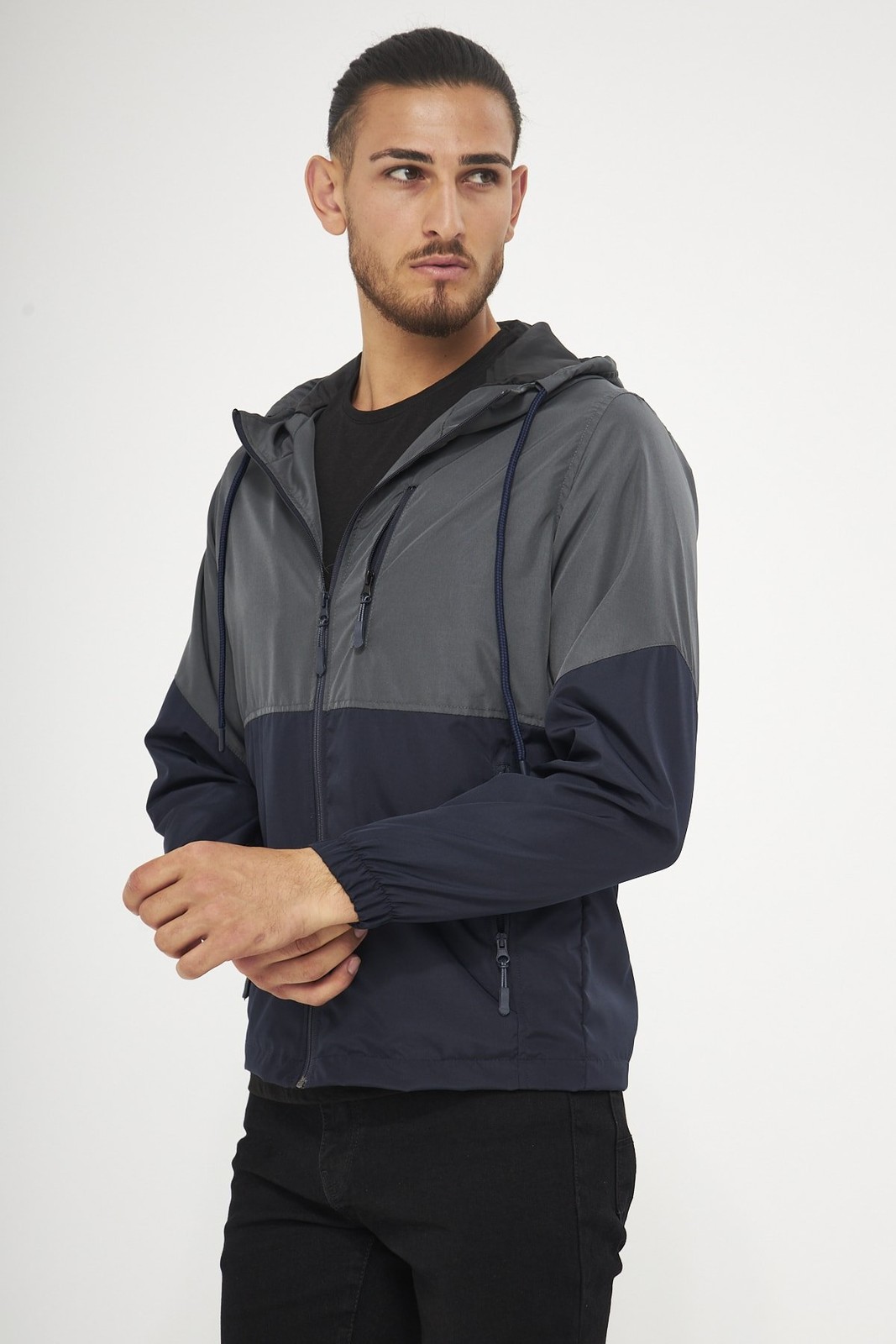 River Club Men's Anthracite-Navy Blue Two Color Inner Lined Waterproof Hooded Raincoat-windbreaker with Pocket