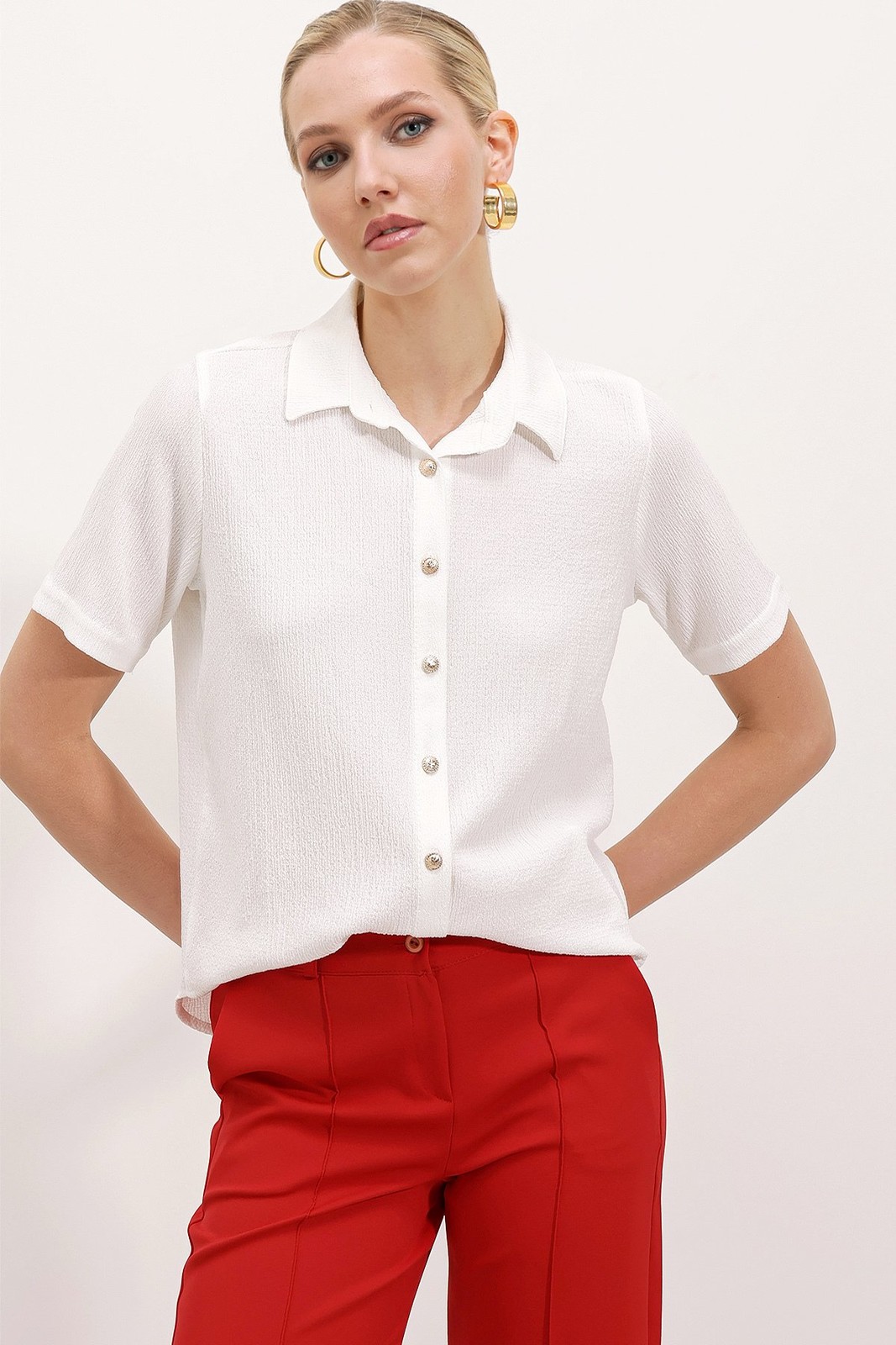 Bigdart 20181 Gold Buttoned Knitted Shirt - White