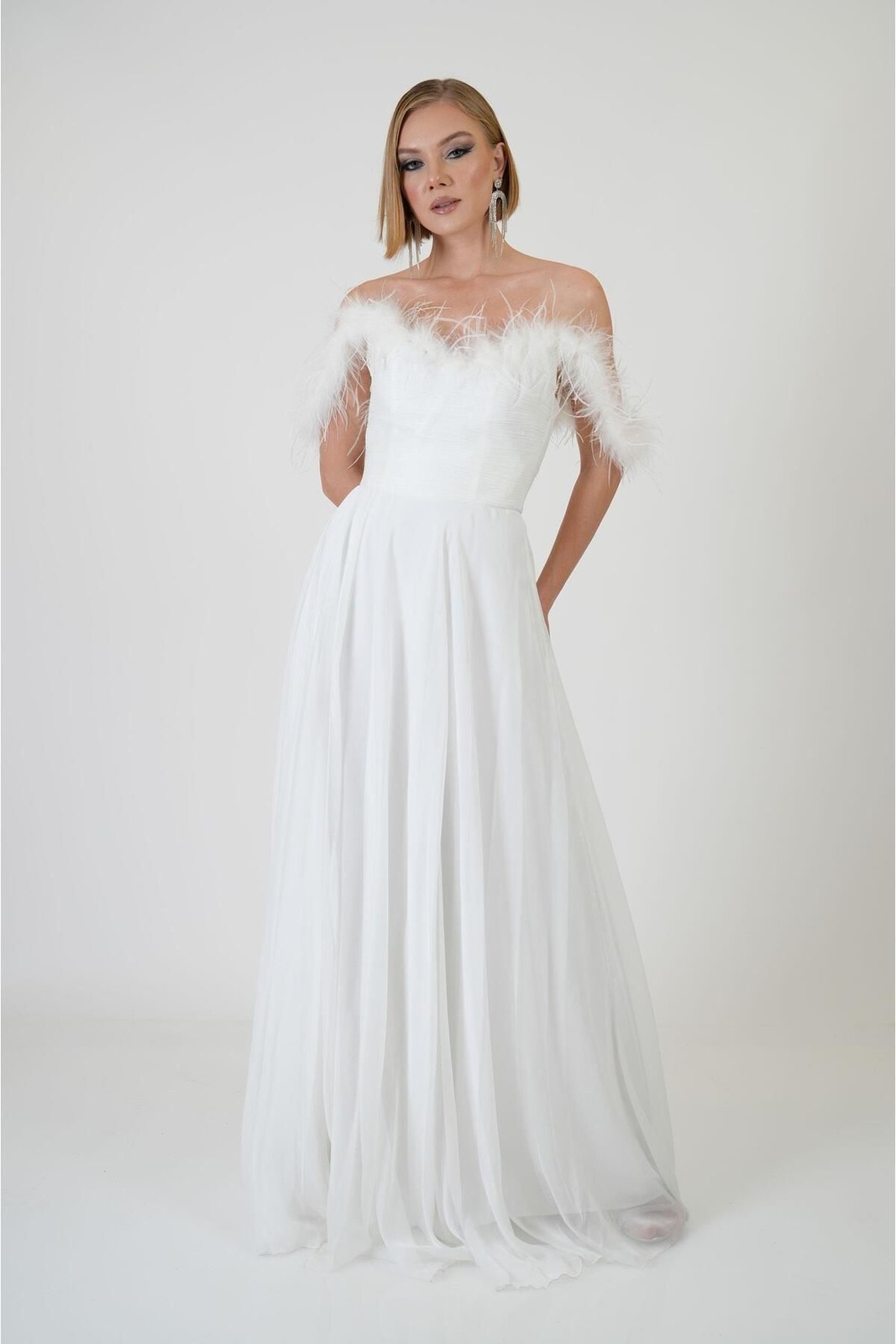 Carmen Ecru Feathered Slit Chiffon Wedding Dress