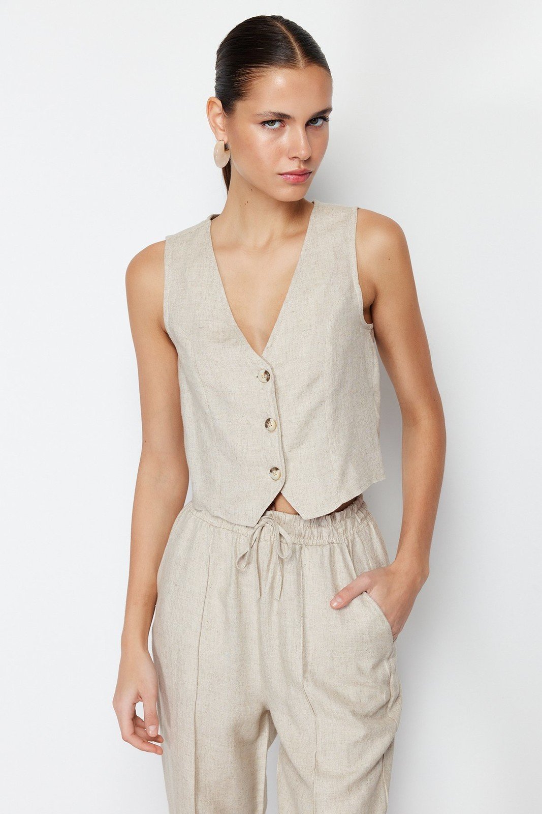 Trendyol Beige Regular Cotton Linen Woven Vest