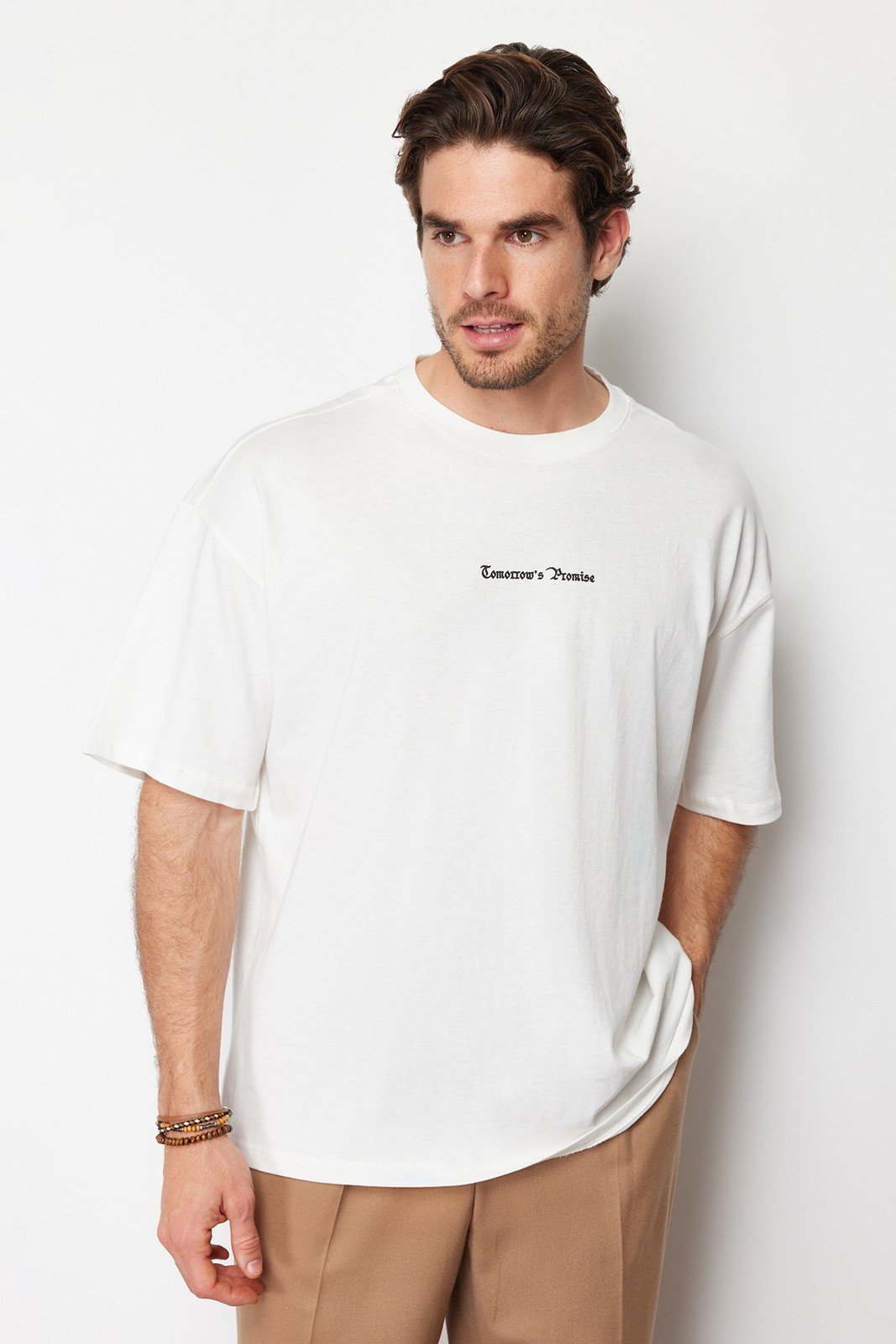 Trendyol Ecru Men's Oversize Fluffy Floral Printed 100% Cotton T-Shirt