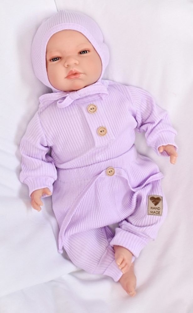 Baby Nellys 3-dílná žebrovaná soupr. Hand Made, body, tepláčky a čepička, lila