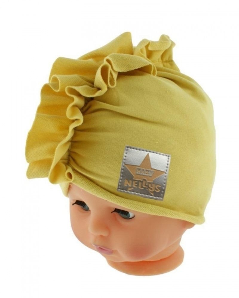 Baby Nellys Jarní/podzimní bavlněná čepice - turban, hořčicová