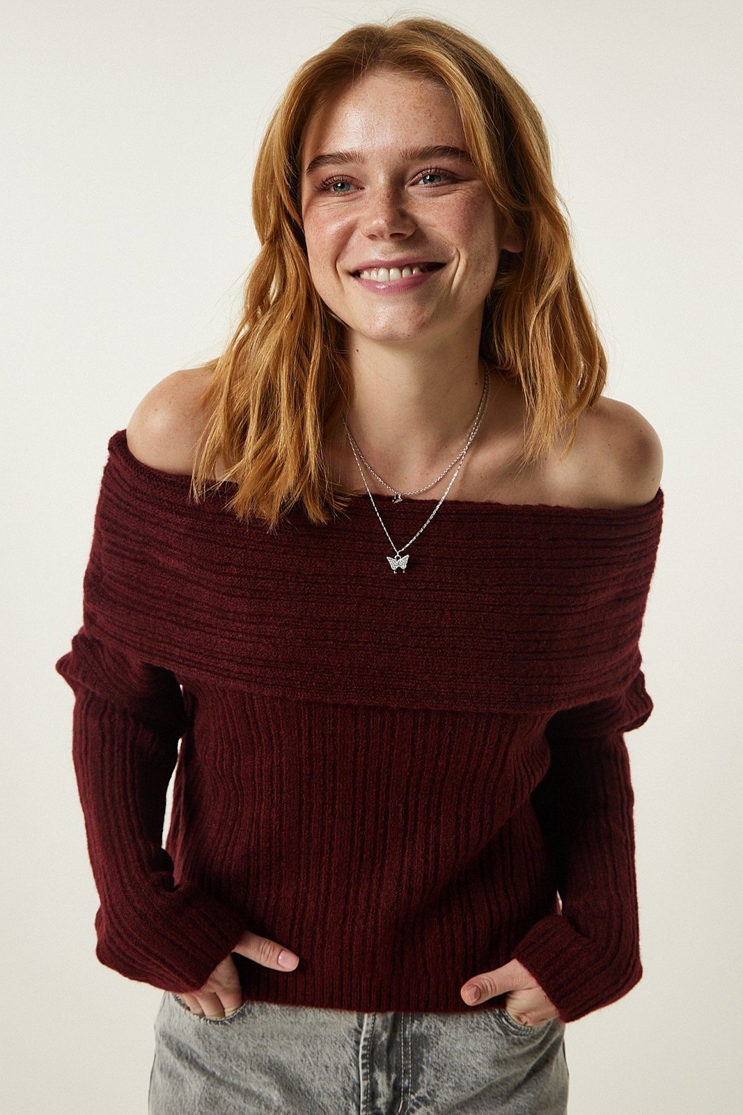 Happiness İstanbul Burgundy Madonna Collar Knitwear Sweater