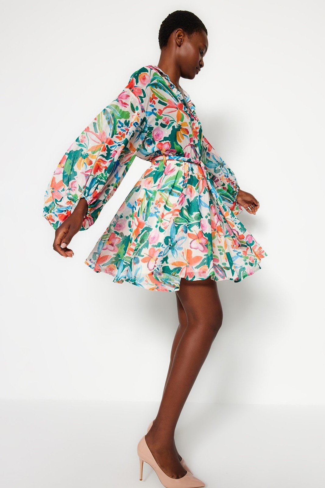 Trendyol Multicolored Flower Print Waist Opening Shirt Collar Mini Lined Chiffon Woven Dress