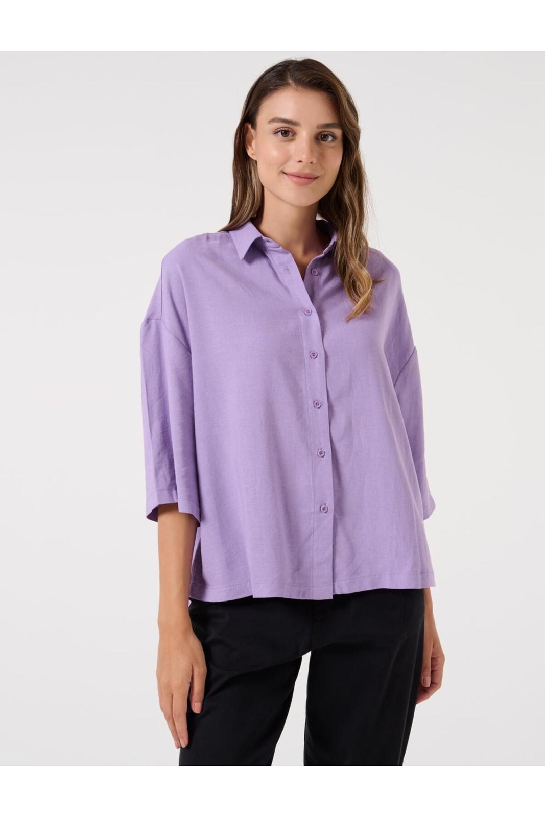 Jimmy Key Lilac Wide Cut Three Quarter Sleeve Linen Shirt