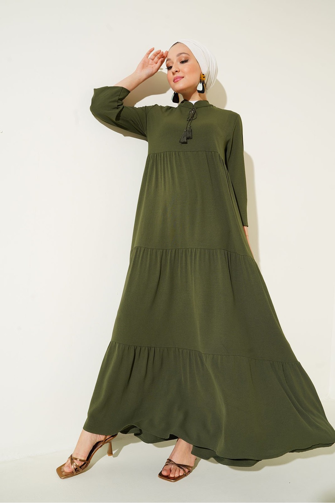 Bigdart 1627 Collar Lace-Up Hijab Dress - D.Khaki