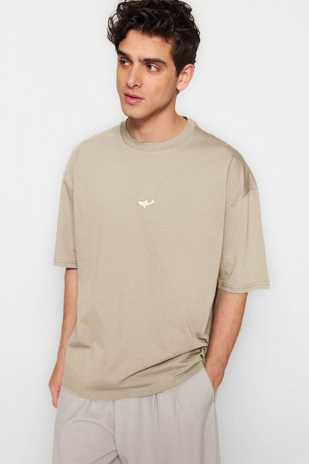 Trendyol Stone Men's Oversize/Wide Cut Shark-Animal Embroidered Short Sleeve 100% Cotton T-Shirt