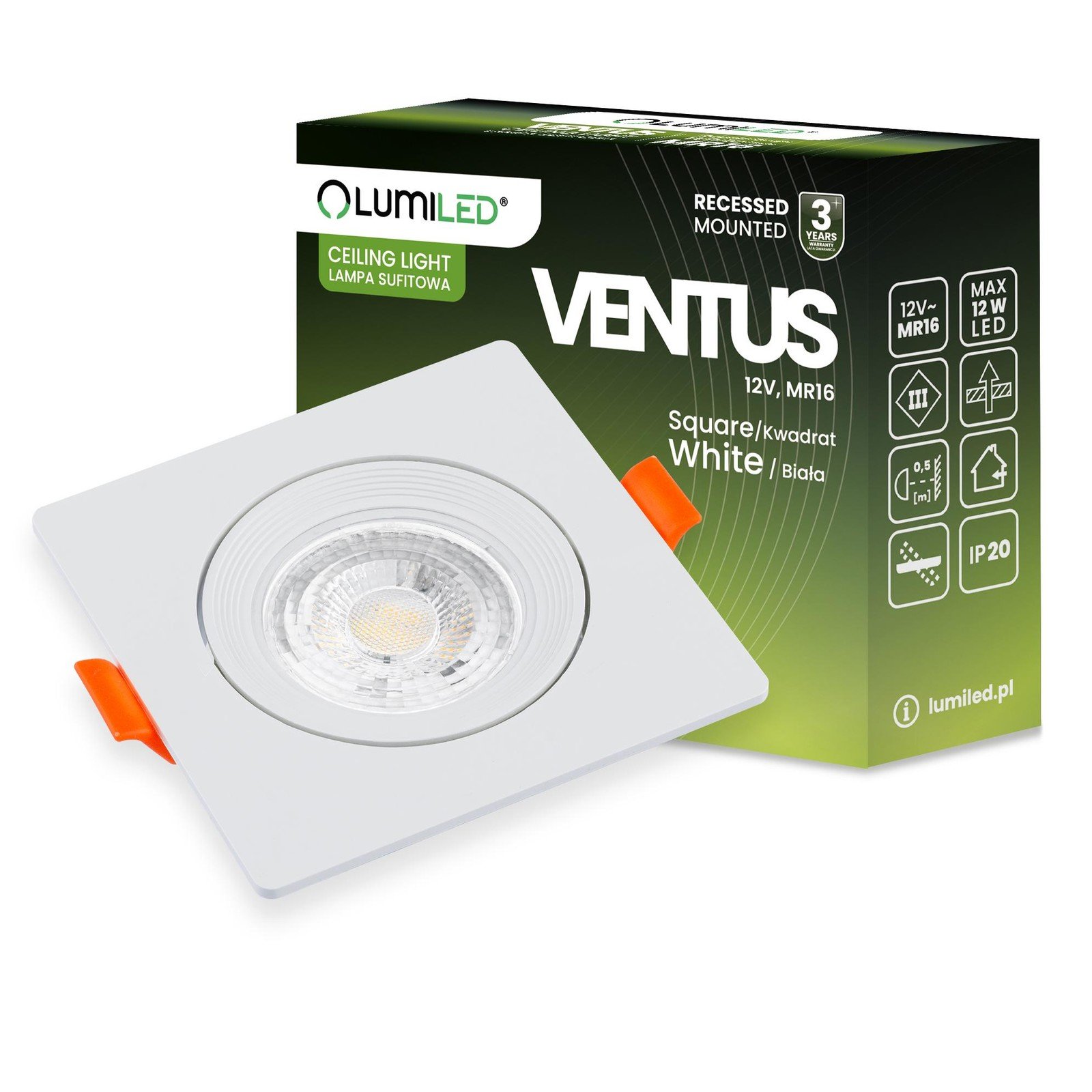 Podhledové bodové svítidlo halogenová vestavné výklopné čtverec Bíla GU10 MR16 VENTUS Lumiled