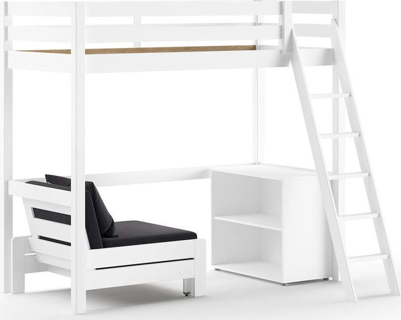 Bílá vyvýšená dětská postel z borovicového dřeva s úložným prostorem 90x200 cm PINO – Vipack