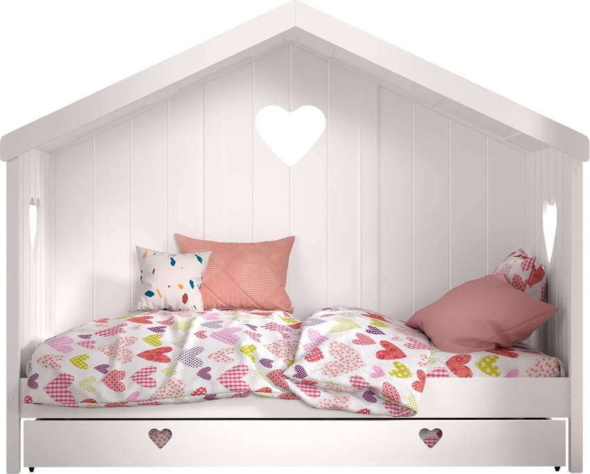 Bílá domečková dětská postel z borovicového dřeva s výsuvným lůžkem a úložným prostorem 90x200 cm AMORI – Vipack