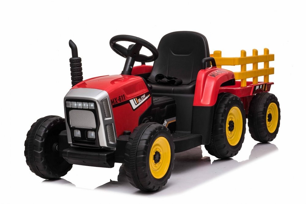 Elektrický Traktor WORKERS s vlečkou, červený, Pohon zadných kolies, 12V batéria, Plastové kolesá, široké sedadlo, 2,4 GHz Diaľkový ovládač, Jednomiestne, MP3 prehrávač so vstupom USB, LED Svetlá, Bluetooth