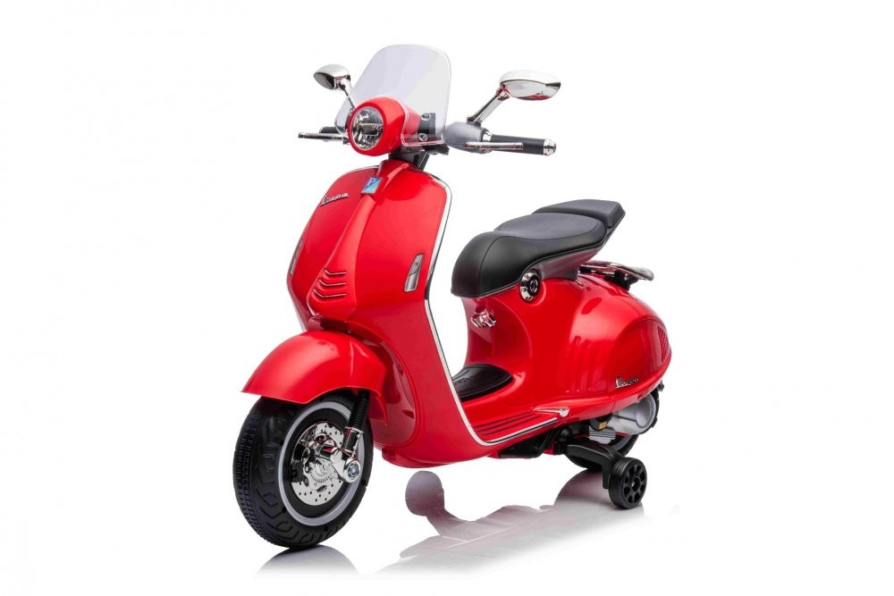 Elektrická motorka Vespa 946 aj so spätným chodom, červené, s pomocnými kolesami, Licencované, 2 x6V Batéria,2x 30W Motor, Koženkové sedadlo, MP3 Prehrávač s USB vstupom
