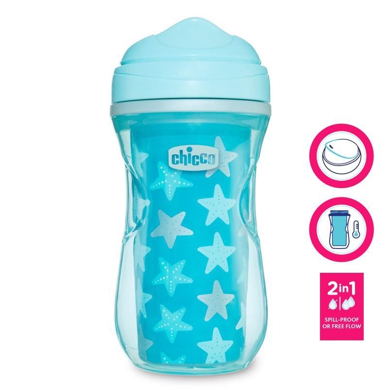 CHICCO Hrnček Active termo s tvrdým náustkom 266 ml tyrkysový, hviezdičky 14m+