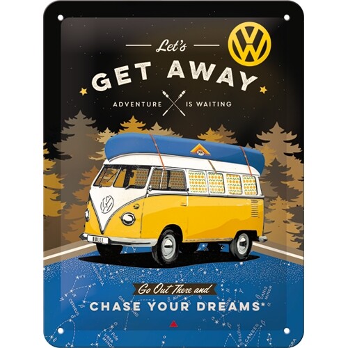 Postershop Plechová cedule Volkswagen VW Bulli - Let‘s Get Away Night, (15 x 20 cm)