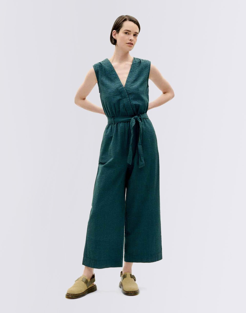 Thinking MU Bottle Green Checks Seersucker Winona Jumpsuit GREEN XS