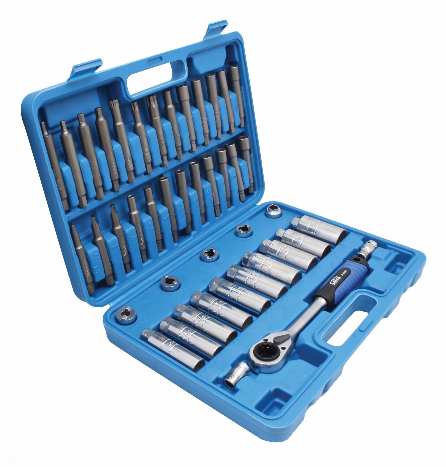 Hlavice a bity na servis tlumičů, s průchozí ráčnou, sada 43 ks - SATRA