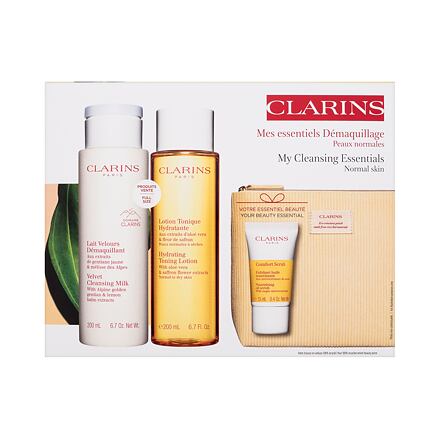 Clarins My Cleansing Essentials Normal Skin : čisticí mléko Velvet Cleansing Milk 200 ml + pleťové tonikum Hydrating Toning Lotion 200 ml + peeling Nourishing Oil Scrub 15 ml + eko kosmetická taštička pro ženy