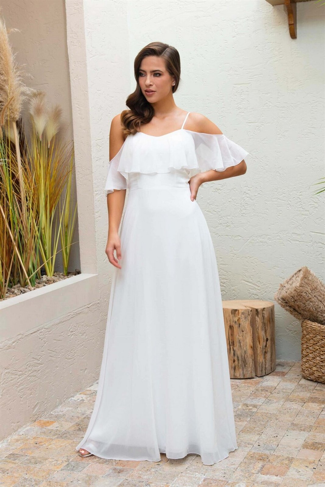 Carmen Ecru Strap Long Wedding Dress And Outdoor Shooting Dress