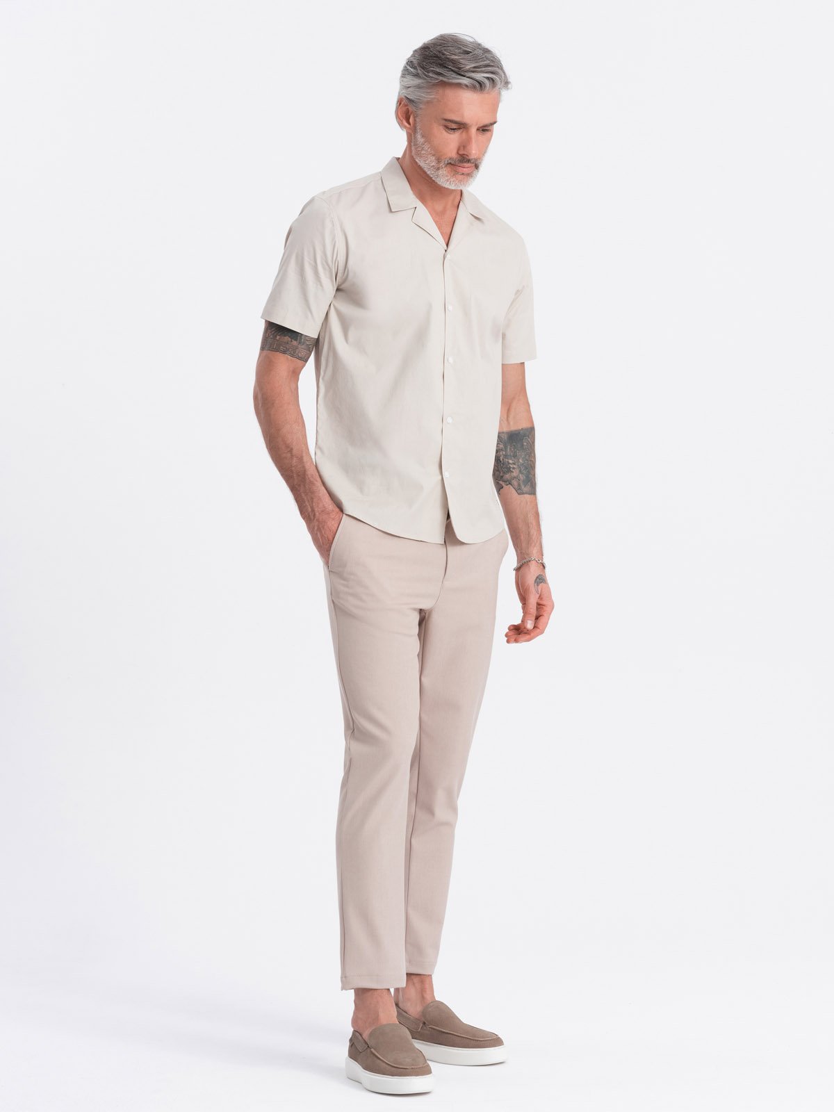 Ombre Men's short sleeve shirt with Cuban collar - cream