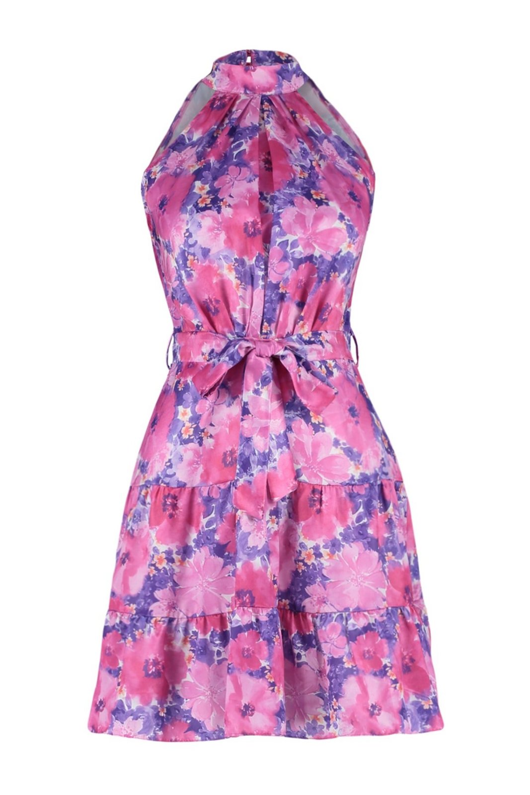 Trendyol Fuchsia Floral Pattern A-Line Satin Mini Woven Dress