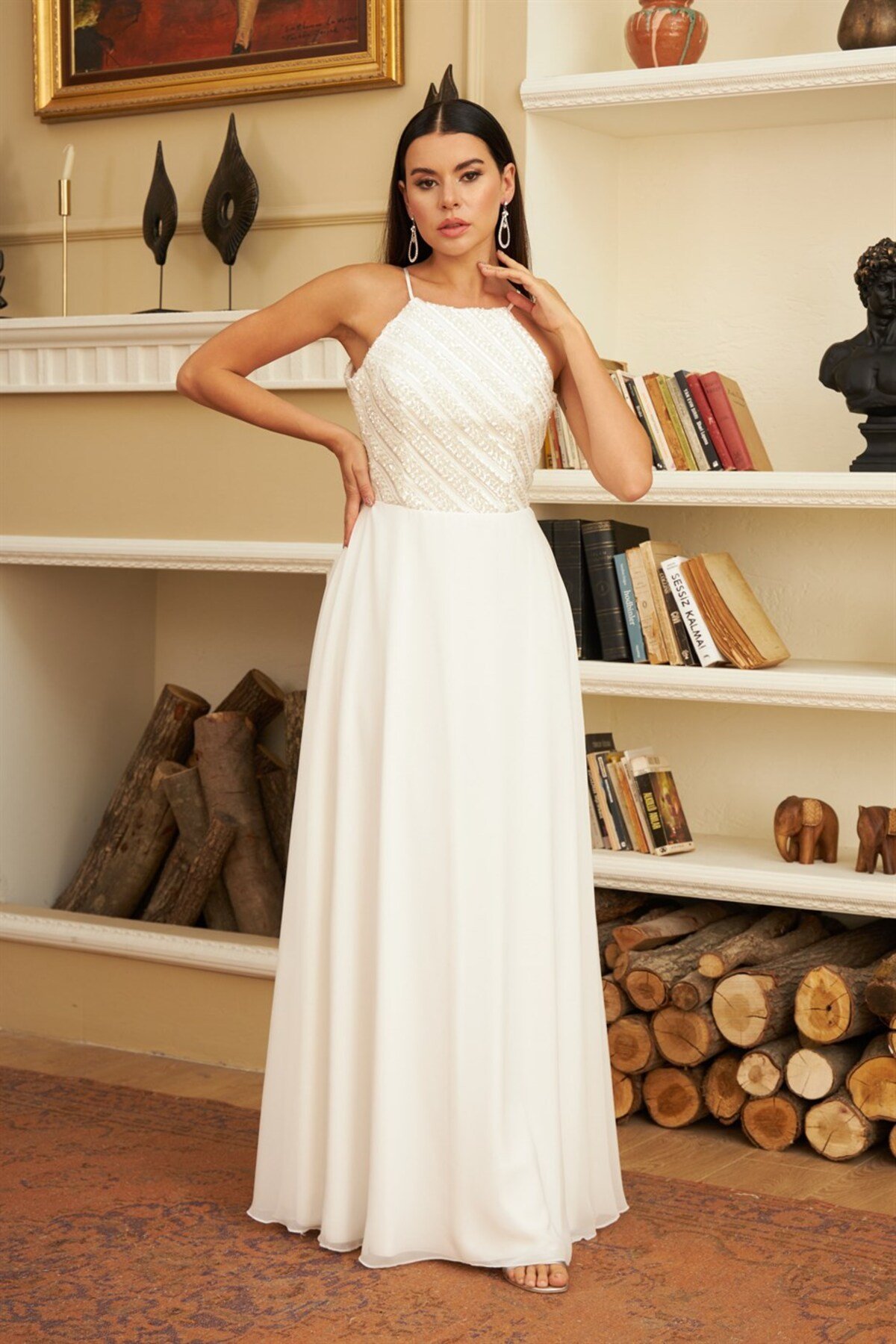 Carmen Ecru Chiffon Sequined Long Wedding Dress