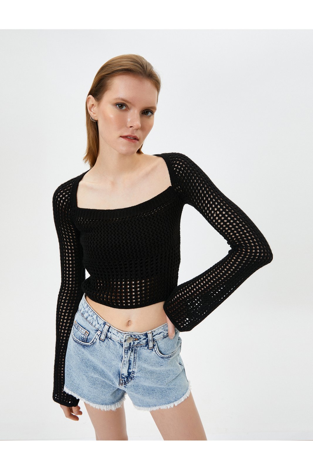 Koton Crop Openwork Sweater Long Sleeve