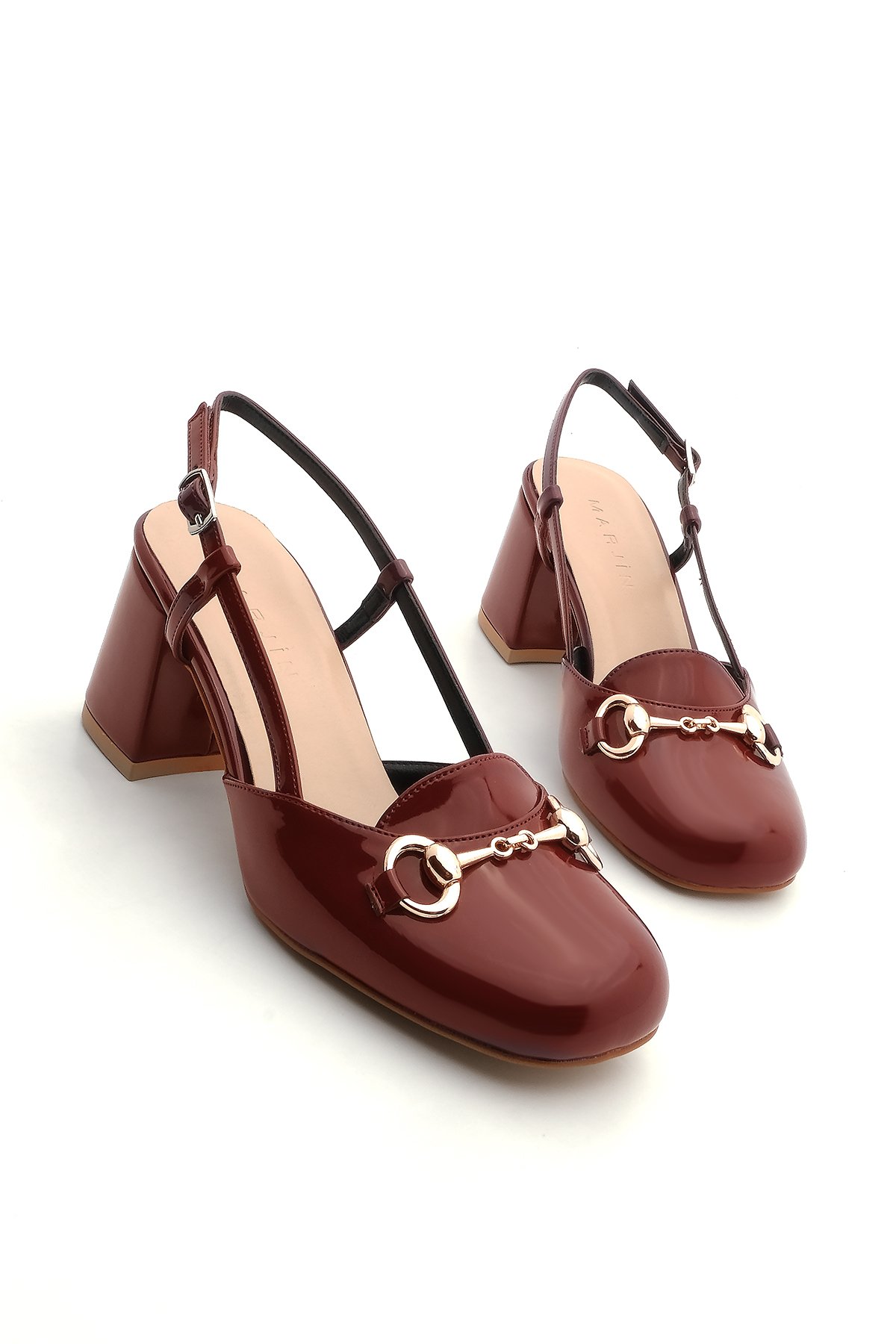 Marjin Women's Chunky Heel Buckled Open Back Classic Heeled Shoes Mirka Burgundy Patent Leather