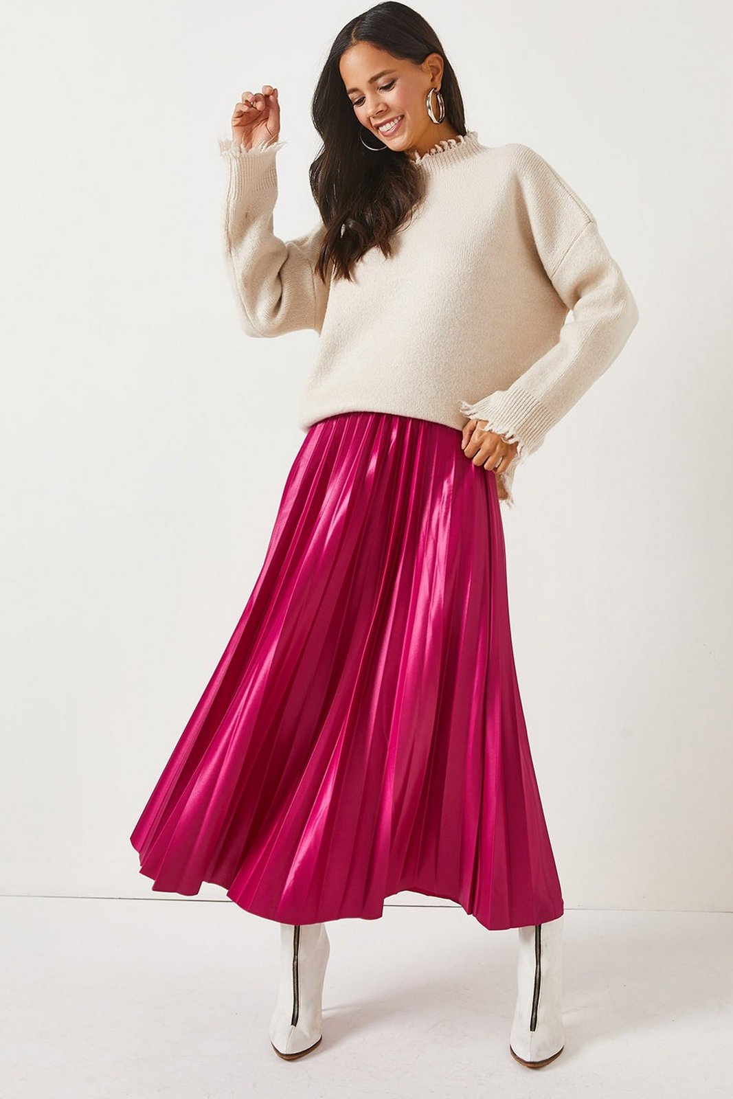 Olalook A-Line Pleated Skirt With Fuchsia Leather Look