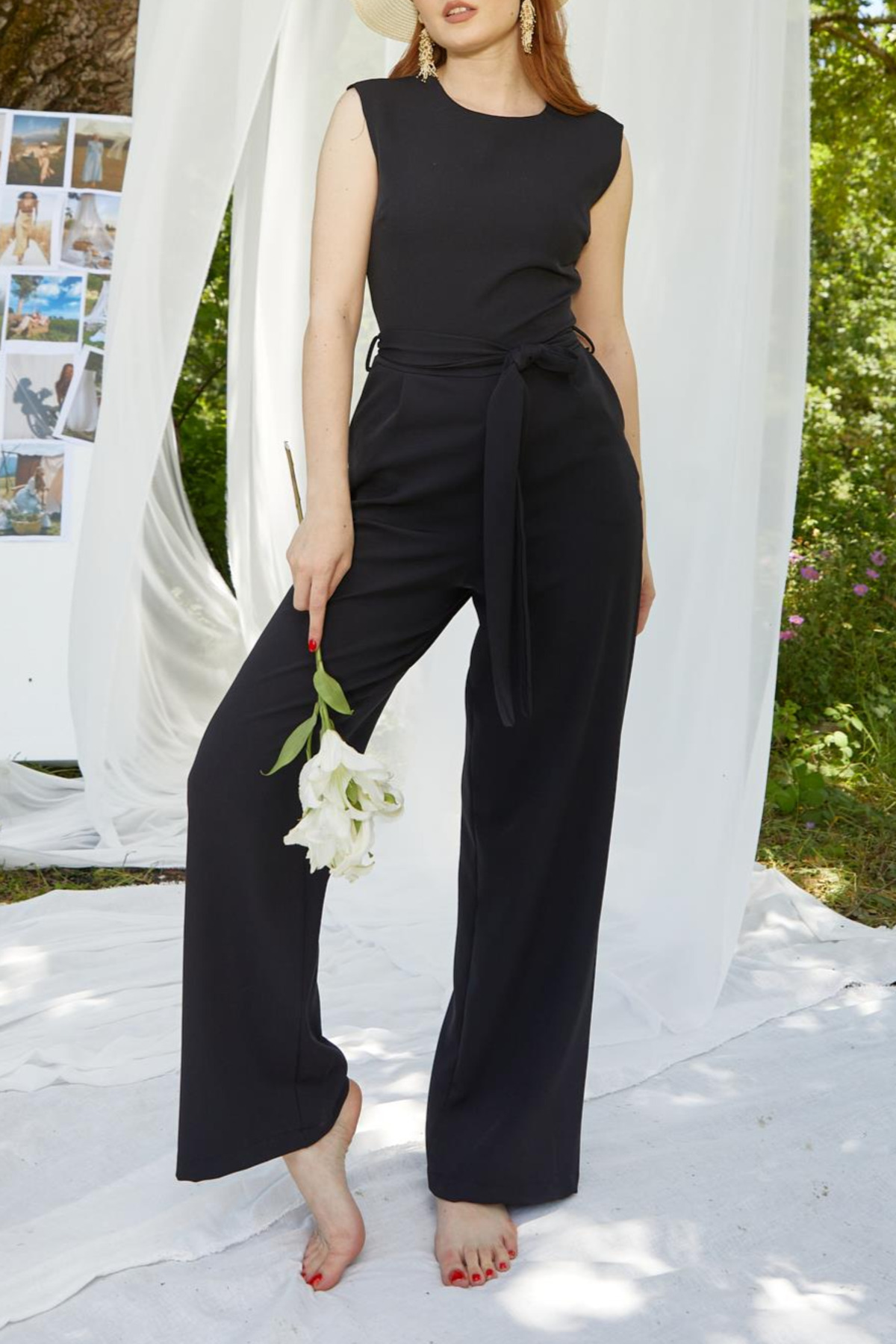 Laluvia Black Square Neck Belted Jumpsuit