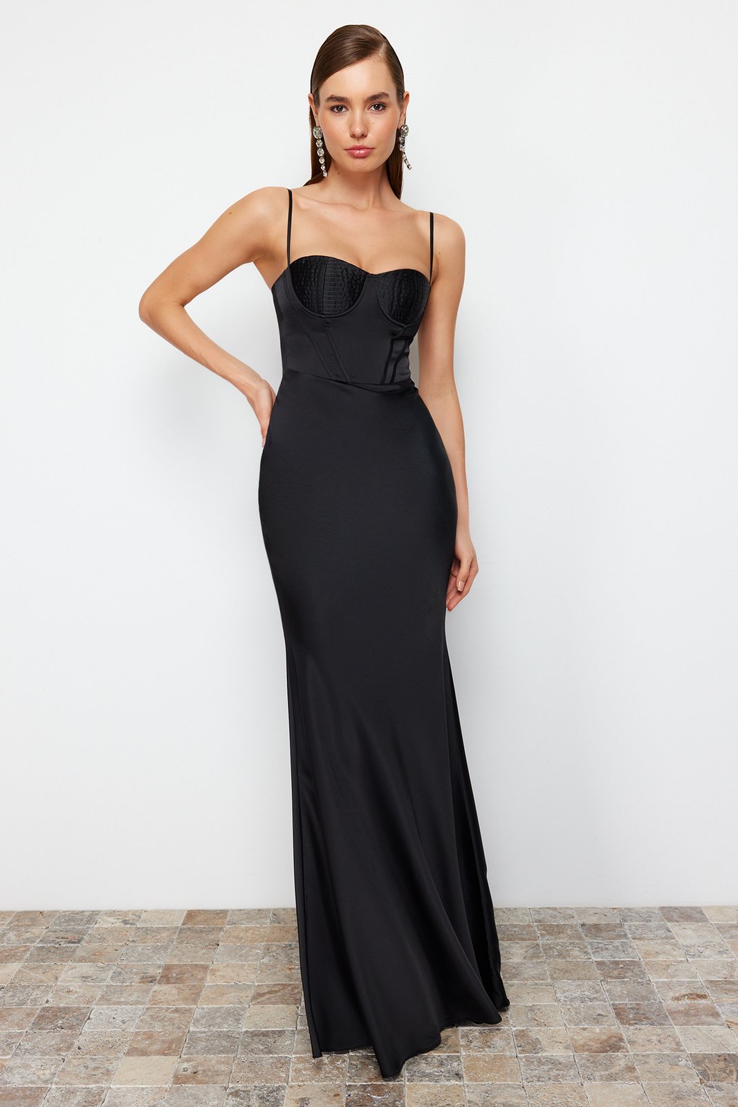 Trendyol Black Body-fitting Woven Corset Detailed Satin Long Evening Evening Dress
