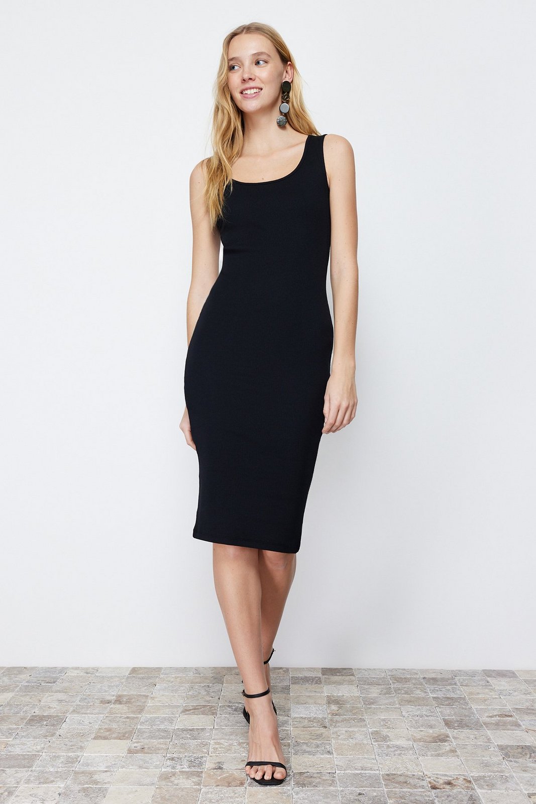 Trendyol Black Midi Pool Neck Ribbed Flexible Knitted Midi Dress