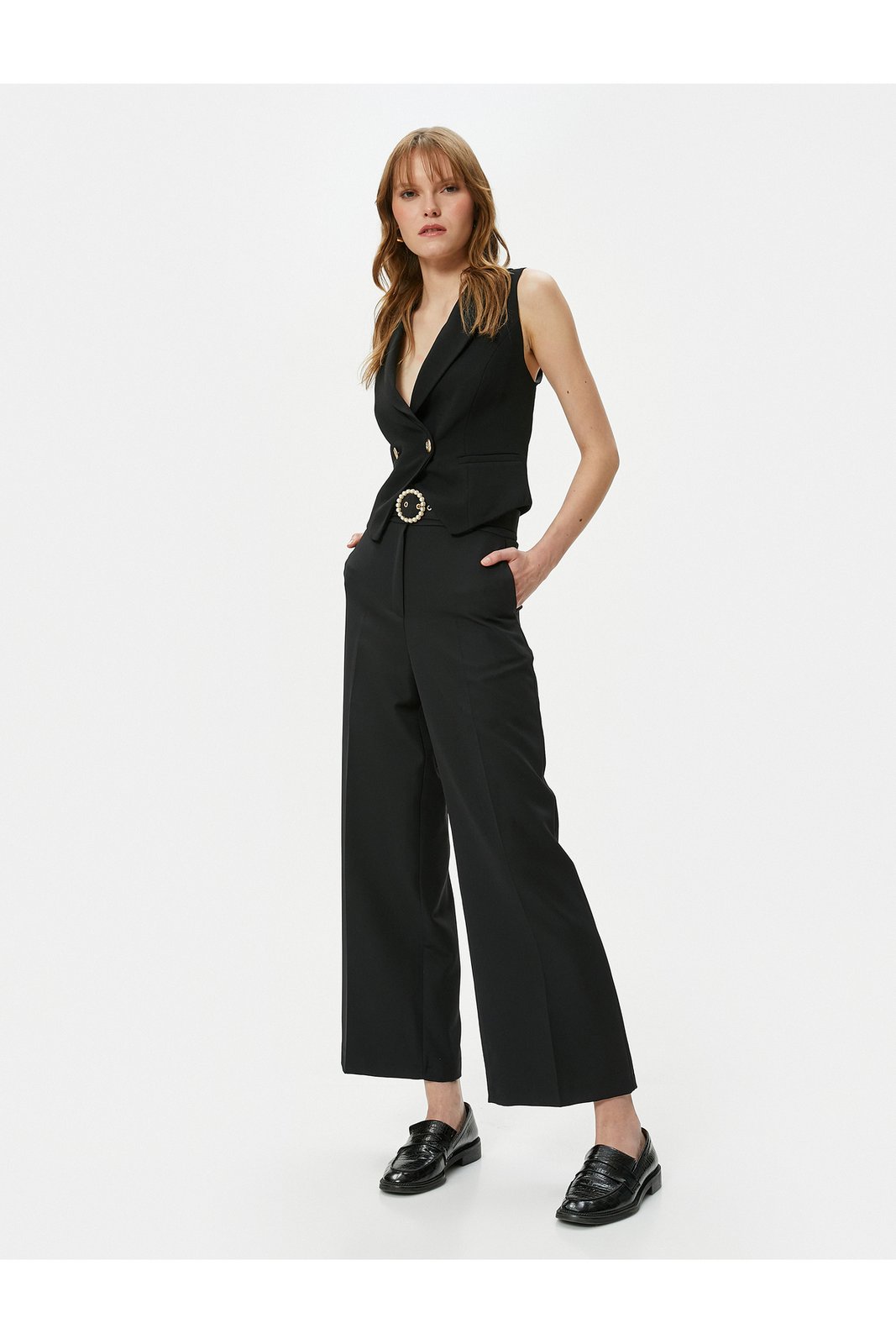 Koton Culotte Trousers Crop Wide Leg High Waist Pearl Belted