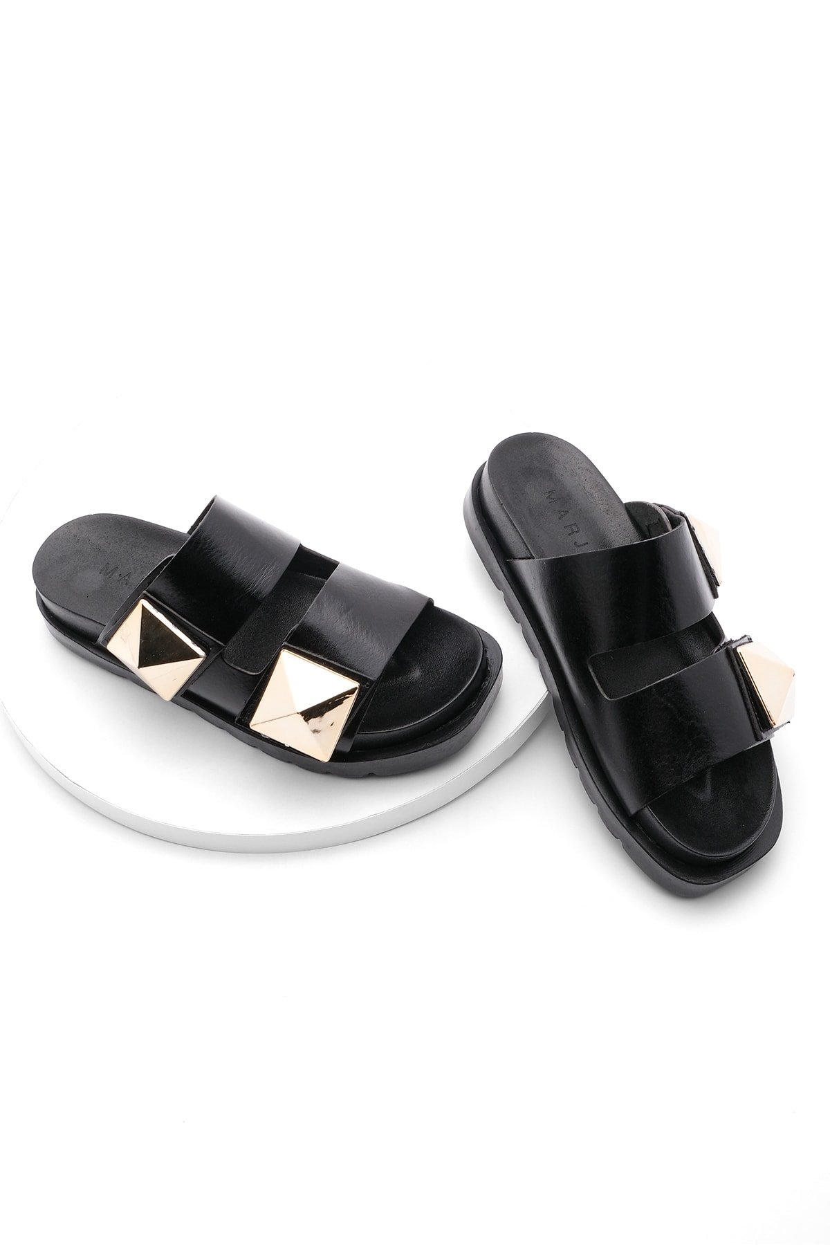 Marjin Women's Genuine Leather Daily Buckle and Velcro Slippers Foil Black.